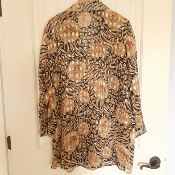 Fitting Image Sheer Button Up Rose Animal Print Tunic Gold Black Size 18 - Picture 2 of 11